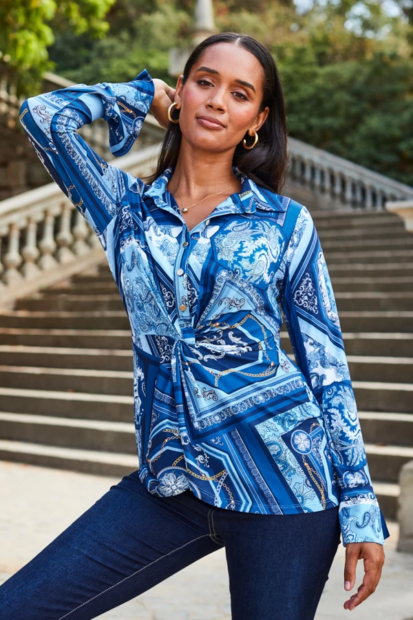 Blue Scarf Print Jersey Twist Front Shirt 5 Blue Scarf Print Jersey Twist Front Shirt - Image 5