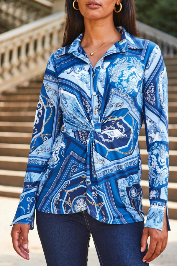 Blue Scarf Print Jersey Twist Front Shirt 6 Blue Scarf Print Jersey Twist Front Shirt - Image 6