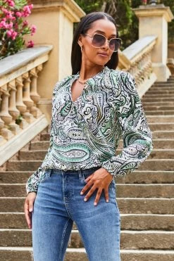 Ivory Paisley Print Chain Detail Faux Wrap Satin Blouse -Trendora Shop web 2307 55 s23tw179ivcv01 s23bd010be0010 55 074 rt 2