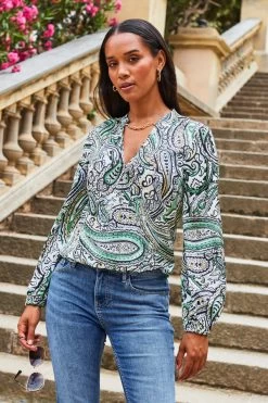 Ivory Paisley Print Chain Detail Faux Wrap Satin Blouse