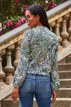 Ivory Paisley Print Chain Detail Faux Wrap Satin Blouse -Trendora Shop web 2307 55 s23tw179ivcv01 s23bd010be0010 55 556 rt