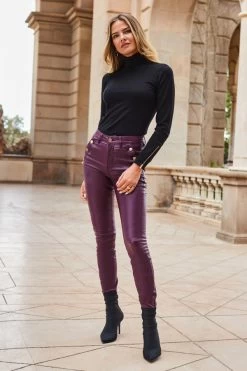 Wine Button Detail Coated Skinny Jeans -Trendora Shop web 2307 61 a23bd002rd0011 a23ow026bk0001 61 262