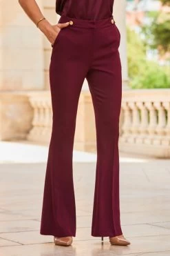 Wine Button Detail Kick Flare Trousers -Trendora Shop web 2307 64 a23ow031rd00011 a23bw002rd011 s23tw089rd0004 64 616