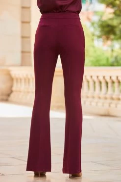 Wine Button Detail Kick Flare Trousers -Trendora Shop web 2307 64 a23ow031rd00011 a23bw002rd011 s23tw089rd0004 64 638