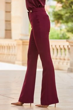 Wine Button Detail Kick Flare Trousers -Trendora Shop web 2307 64 a23ow031rd00011 a23bw002rd011 s23tw089rd0004 64 652