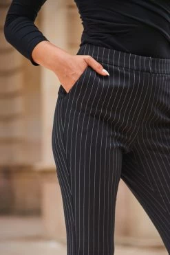 Black & White Pinstripe Kick Flare Trousers -Trendora Shop web 2307 66 a23ow046bk0001 a23bw015bk0001 66 519