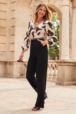 Black & White Chain Print Satin Two Part Wide Leg Jumpsuit -Trendora Shop web 2307 67 s23jw039bkwh01 67 112