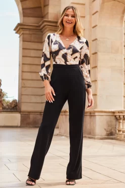 Black & White Chain Print Satin Two Part Wide Leg Jumpsuit -Trendora Shop web 2307 67 s23jw039bkwh01 67 206