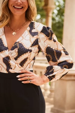 Black & White Chain Print Satin Two Part Wide Leg Jumpsuit -Trendora Shop web 2307 67 s23jw039bkwh01 67 337