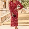 Red Geometric Print Hoop Detail Jersey Wrap Dress