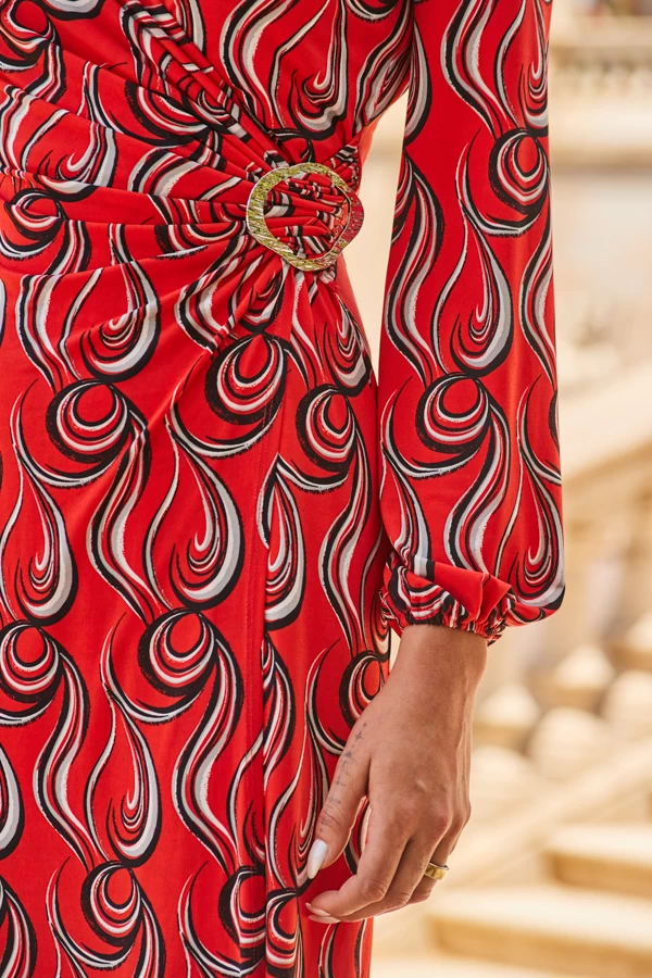 Red Geometric Print Hoop Detail Jersey Wrap Dress 2 Red Geometric Print Hoop Detail Jersey Wrap Dress - Image 2