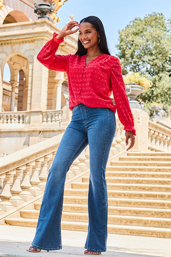 Mid Blue Kick Flare Jeggings 1 Mid Blue Kick Flare Jeggings