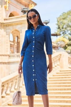 Indigo Blue Ruched Waist Denim Midi Dress