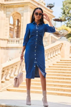 Indigo Blue Ruched Waist Denim Midi Dress -Trendora Shop web 2307 82 s23dd062be0032 82 076 rt