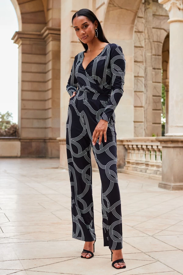 Black Geometric Print Faux Wrap Front Jumpsuit 1 Black Geometric Print Faux Wrap Front Jumpsuit