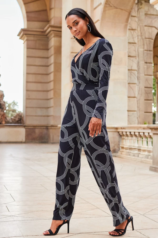 Black Geometric Print Faux Wrap Front Jumpsuit 2 Black Geometric Print Faux Wrap Front Jumpsuit - Image 2