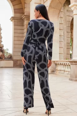 Black Geometric Print Faux Wrap Front Jumpsuit 10 Black Geometric Print Faux Wrap Front Jumpsuit -Trendora Shop web 2307 84 a20jj004bkge01 84 095