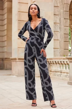 Black Geometric Print Faux Wrap Front Jumpsuit 9 Black Geometric Print Faux Wrap Front Jumpsuit -Trendora Shop web 2307 84 a20jj004bkge01 84 108