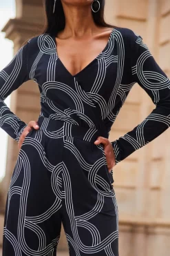 Black Geometric Print Faux Wrap Front Jumpsuit 8 Black Geometric Print Faux Wrap Front Jumpsuit -Trendora Shop web 2307 84 a20jj004bkge01 84 156