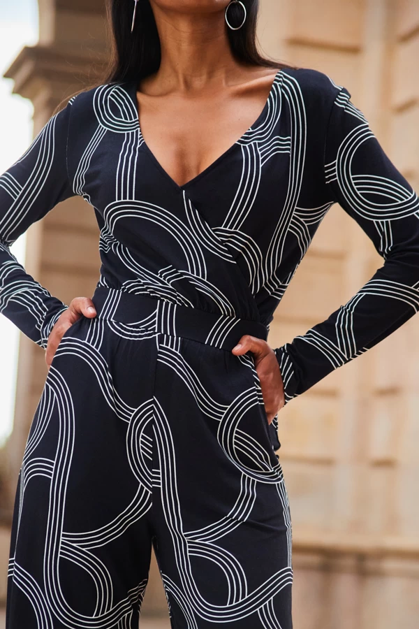 Black Geometric Print Faux Wrap Front Jumpsuit 3 Black Geometric Print Faux Wrap Front Jumpsuit - Image 3