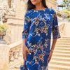 Blue & Gold WOW Print Ruffle Hem Shift Dress