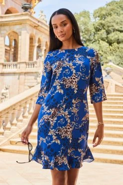 Blue & Gold WOW Print Ruffle Hem Shift Dress -Trendora Shop web 2307 86 s22dw081nacv02 86 127