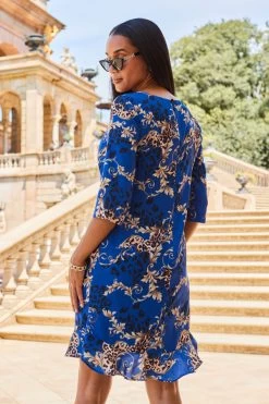 Blue & Gold WOW Print Ruffle Hem Shift Dress -Trendora Shop web 2307 86 s22dw081nacv02 86 164