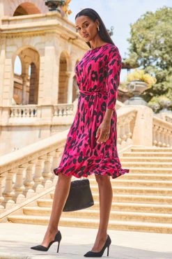 Pink Animal Print Jersey Ruffle Hem Belted Dress -Trendora Shop web 2307 87 a21dj030pkld01 87 020