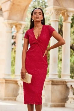 Raspberry Pink Short Sleeve Lace Jersey Dress