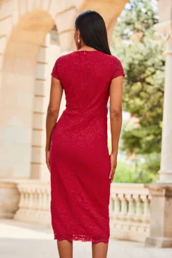 Raspberry Pink Short Sleeve Lace Jersey Dress -Trendora Shop web 2307 88 s23dj188pk0026 88 131