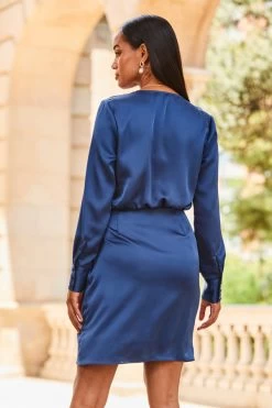 Midnight Blue Satin Wrap Dress -Trendora Shop web 2307 89 s23dw197be0028 89 139