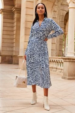 Blue & White Zebra Print Midi Shirt Dress