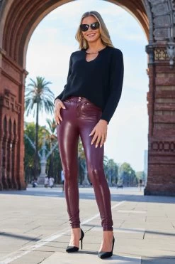Burgundy Rose Gold Button & Zip Detail Leather Look Leggings -Trendora Shop web 2307 93 a22tk530bk0001 s22bp001rd0004 a23ow053rd0011 93 404 1