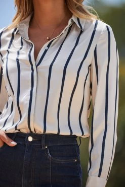 Ivory & Navy Blue Stripe Satin Shirt -Trendora Shop web 2307 96 s23tw174nast01 a23bd005in006w 96 302