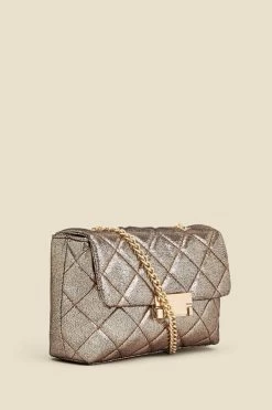Gold Metallic Diamante Quilted Clasp Detail Cross Body Bag -Trendora Shop web 2307 box a23ac003mc0003 b