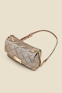 Gold Metallic Diamante Quilted Clasp Detail Cross Body Bag -Trendora Shop web 2307 box a23ac003mc0003 c