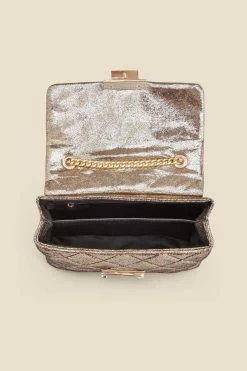 Gold Metallic Diamante Quilted Clasp Detail Cross Body Bag -Trendora Shop web 2307 box a23ac003mc0003 d