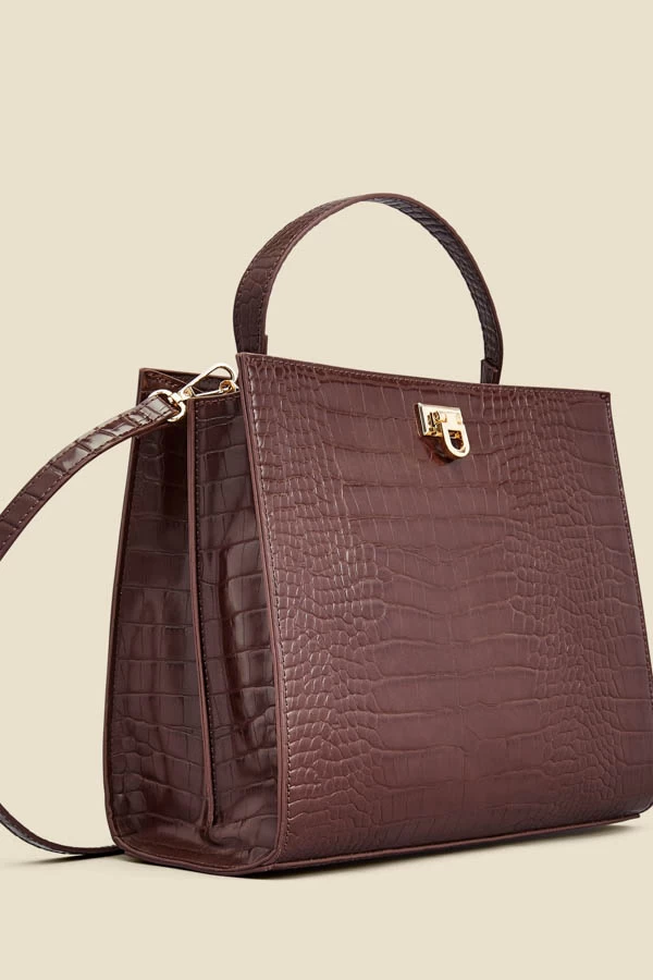 Brown Croc Faux Leather Top Handle Tote Bag With Cross Body Strap 3 Brown Croc Faux Leather Top Handle Tote Bag With Cross Body Strap - Image 3
