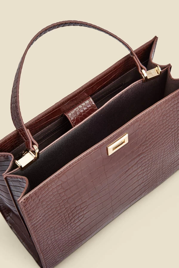 Brown Croc Faux Leather Top Handle Tote Bag With Cross Body Strap 5 Brown Croc Faux Leather Top Handle Tote Bag With Cross Body Strap - Image 5
