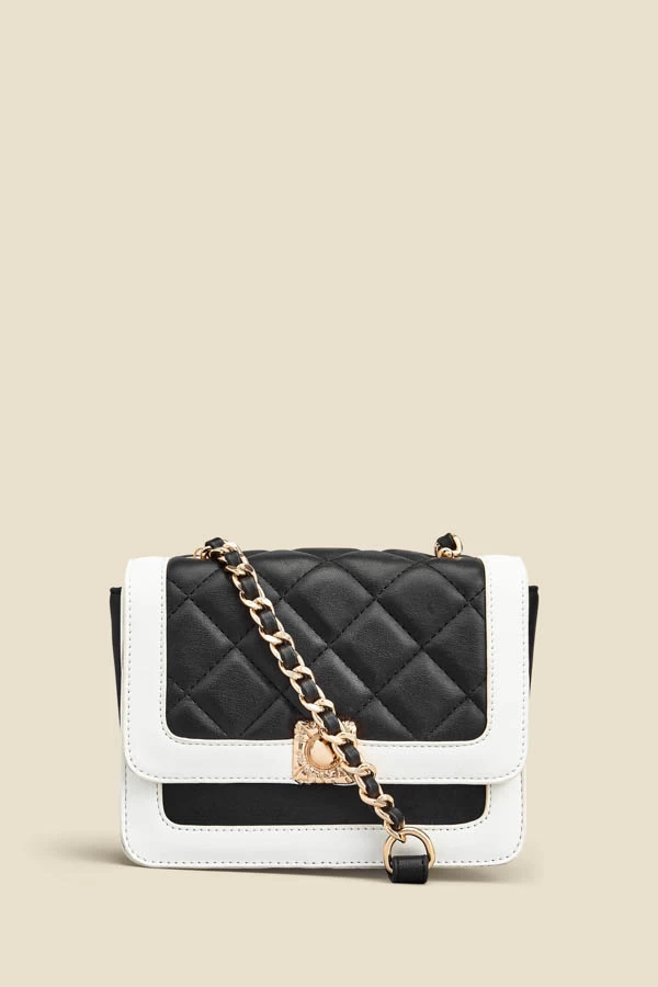 Black Quilted Ivory Trim Chain Detail Cross Body Bag 2 Black Quilted Ivory Trim Chain Detail Cross Body Bag - Image 2