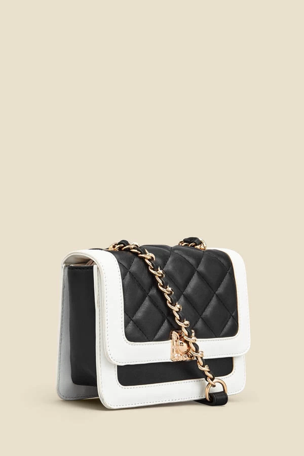 Black Quilted Ivory Trim Chain Detail Cross Body Bag 3 Black Quilted Ivory Trim Chain Detail Cross Body Bag - Image 3