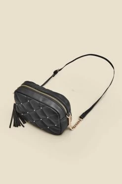 Black Diamante Quilted Cross Body Bag With Tassel -Trendora Shop web 2307 box a23ac014bk0001 c