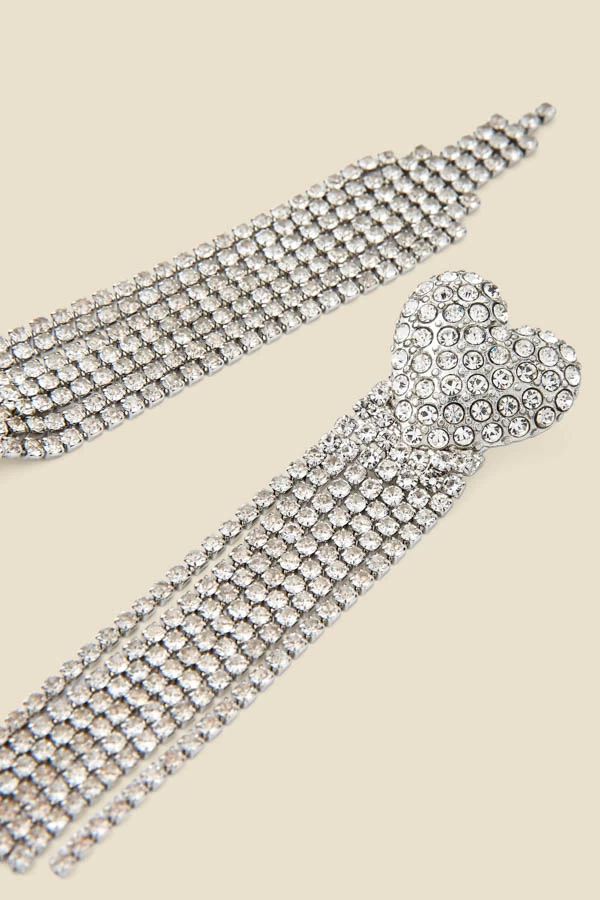 Silver Rhineshtone Heart Detail Tassel Earrings 2 Silver Rhineshtone Heart Detail Tassel Earrings - Image 2