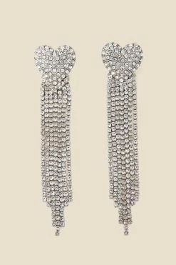 Silver Rhineshtone Heart Detail Tassel Earrings