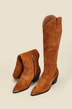 Tan Suede Tab Detail Knee High Western Boots With Metal Trim -Trendora Shop web 2307 box a23fw010nl0014 a