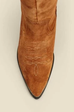 Tan Suede Tab Detail Knee High Western Boots With Metal Trim -Trendora Shop web 2307 box a23fw010nl0014 b