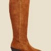 Tan Suede Tab Detail Knee High Western Boots With Metal Trim