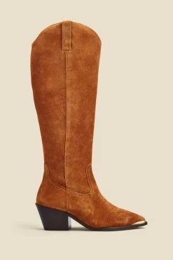 Tan Suede Tab Detail Knee High Western Boots With Metal Trim