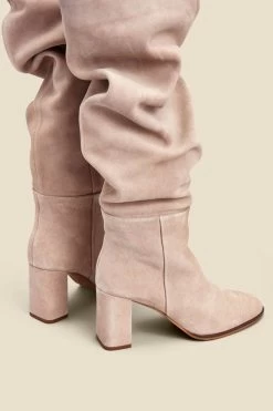 Taupe Suede Block Heel Slouch High Leg Boots -Trendora Shop web 2307 box a23fw011bn0003 b