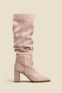 Taupe Suede Block Heel Slouch High Leg Boots